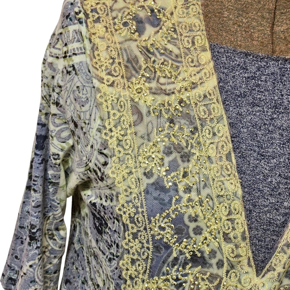 One World Blouse Womens Small Lace Accented V Neck Top Yellow Gray Pattern - Picture 4 of 10